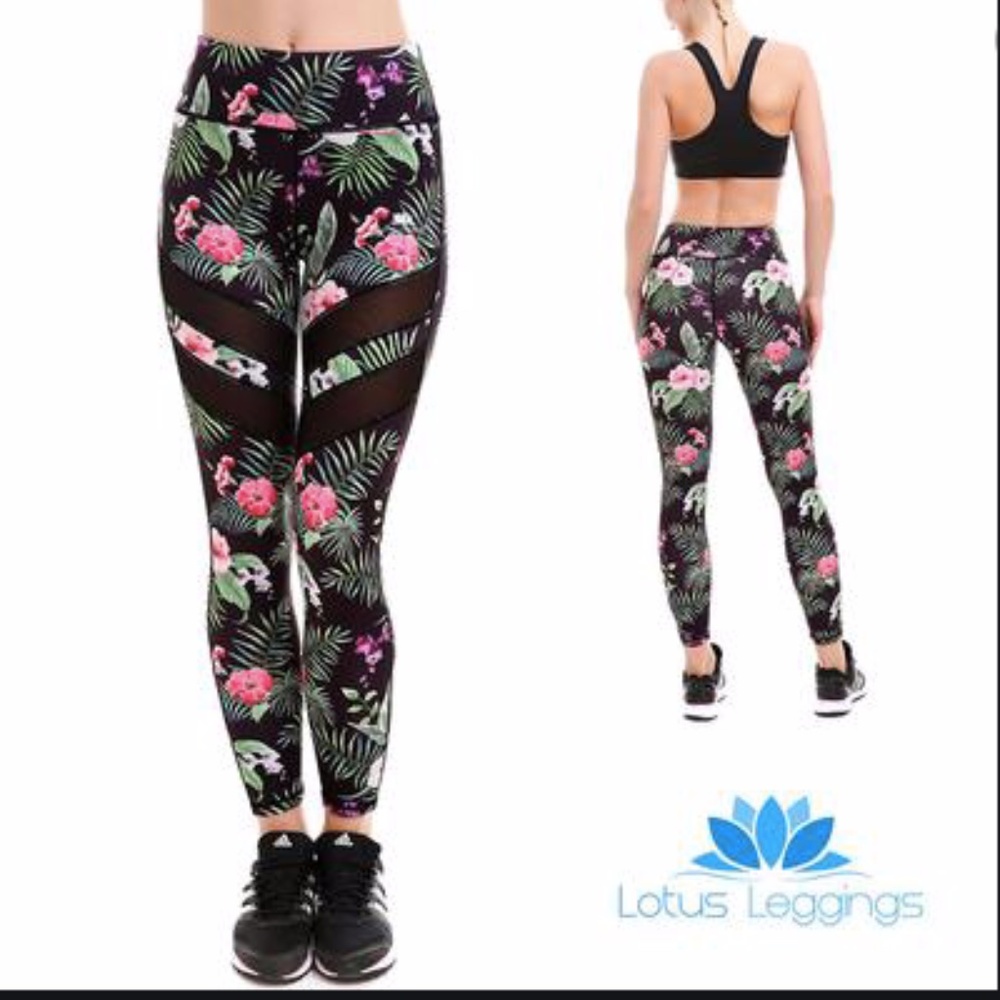 Lotus Leggings 7/8  floral print mesh stripe M NWT